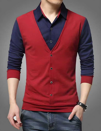 Cotton Blend Color Block Full Sleeves Slim Fit Casual Shirt