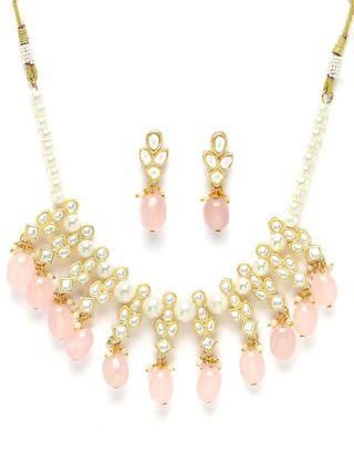 Karatcart Gold Plated Pink Tumble and Pearl Studded Kundan Necklace Set