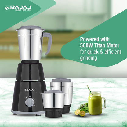 Bajaj GX-1 Mixer Grinder 500W|Superior Mixie For Kitchen|2-in-1 for Dry Grinding| Blade Function With Titan Motor|3 Stainless Steel Mixer Jars|1 Year Product Warranty By Bajaj|Black