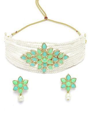 Karatcart Gold Plated Pearl Beaded Light Blue and Light Green Kundan Stone Choker Necklace Set