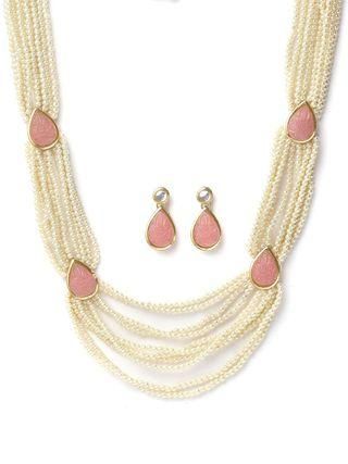 Karatcart Pink Carved Stone Studded Pearl Beaded Rani Haar Necklace Set for Women