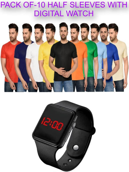 Pack of 10 Half Sleeves Round Neck T-shirts with Free Digital Watch