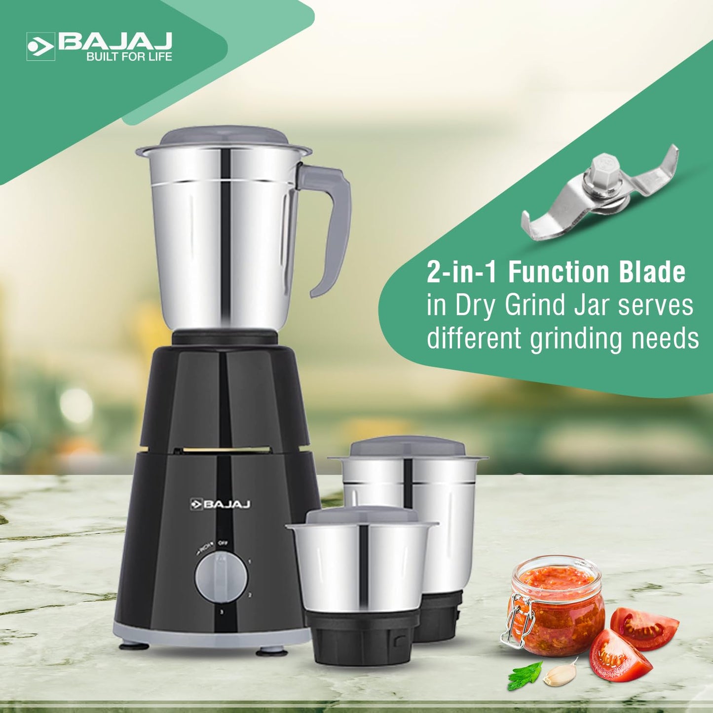 Bajaj GX-1 Mixer Grinder 500W|Superior Mixie For Kitchen|2-in-1 for Dry Grinding| Blade Function With Titan Motor|3 Stainless Steel Mixer Jars|1 Year Product Warranty By Bajaj|Black