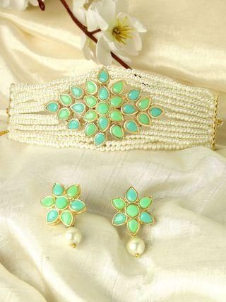 Karatcart Gold Plated Pearl Beaded Light Blue and Light Green Kundan Stone Choker Necklace Set