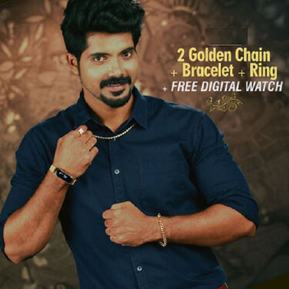 Pack Of 2 Golden Chain With Golden Bracelet And Diamond Ring + Free Digital Watch Combo